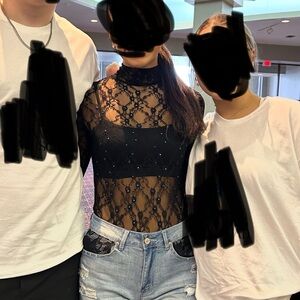 White and Black Backless Embellished Long Sleeve Bodysuit